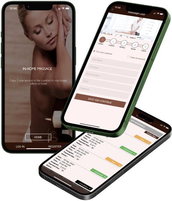 Massage Club iPhone app showing mobile massage booking, home screen features
and customer reviews for in-home massage services